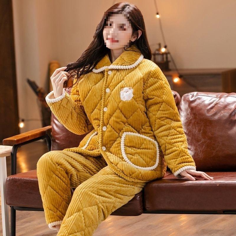 Pajamas women's three-layer thickened winter suit can wear large-size thermal padded loungewear