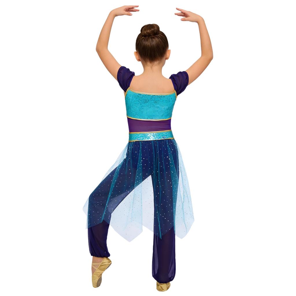 Girls Belly Dance Costume Arabian Princess Rompers Sequined Waist Tulle Overlay Jumpsuit Contrast Color Rhinestone Decor