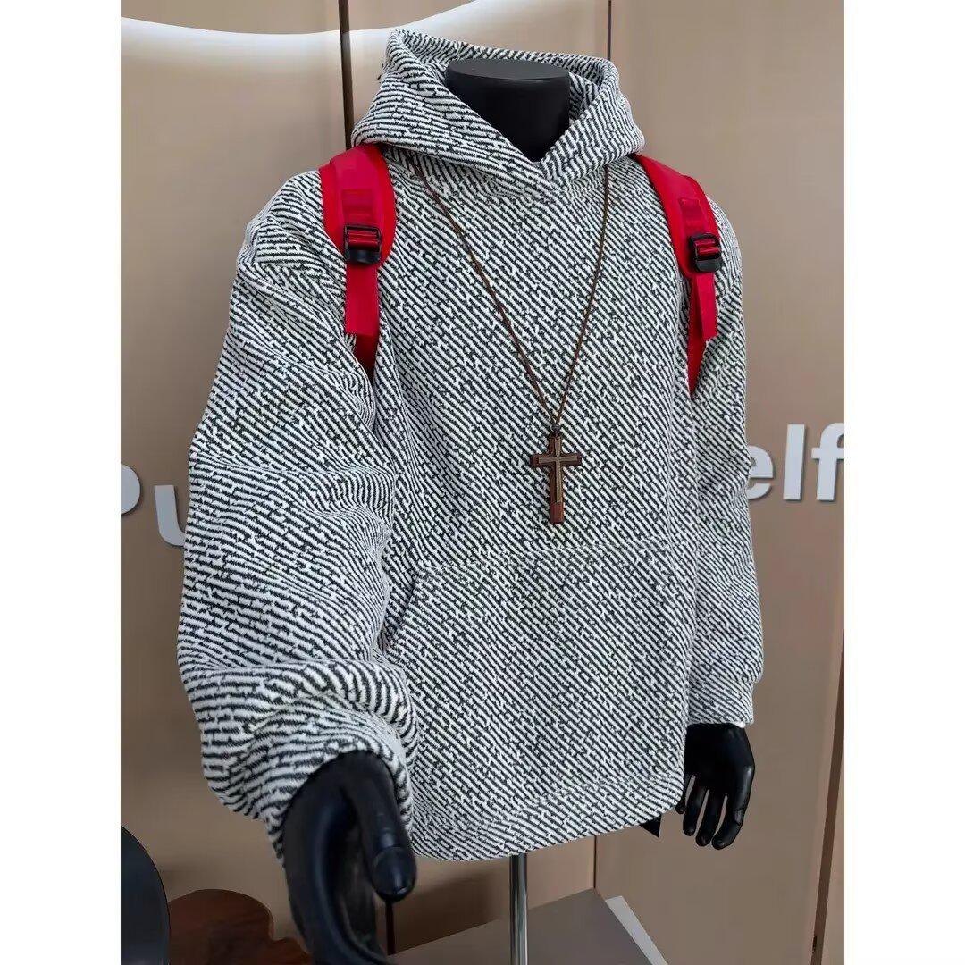 Men s Retro Striped Hooded Sweatshirt - Autumn Niche Loose Fit M белый
