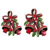 Vintage Christmas Bowknot Double Bells Brooch Pins with Green Leaves and Colorful Rhinestones Creative Gift Suit c Corsage for Women