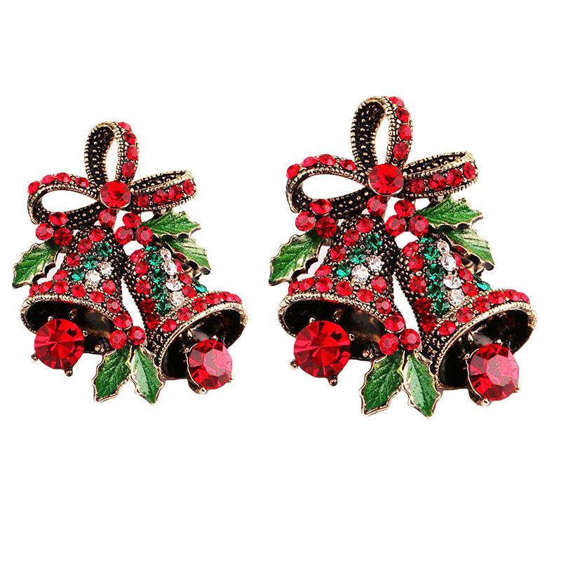 Vintage Christmas Bowknot Double Bells Brooch Pins with Green Leaves and Colorful Rhinestones Creative Gift Suit c Corsage for Women
