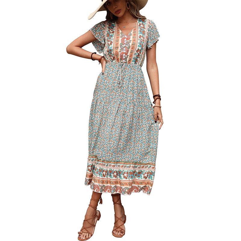 New holiday ethnic style print green slim dress women's summer