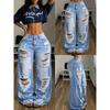 Womens High Waist Ripped Wide Leg Jeans Street Style Loose Long Denim Pants