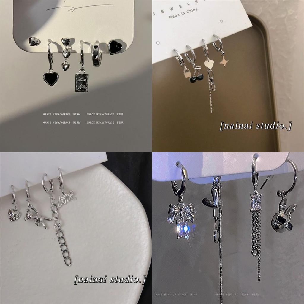 Dark Style Japanese & Korean Heart Stud Earrings & Ear Cuffs Set - Chic, Sweet, Trendy Six-Piece Jewelry for Cool, Spicy Girls