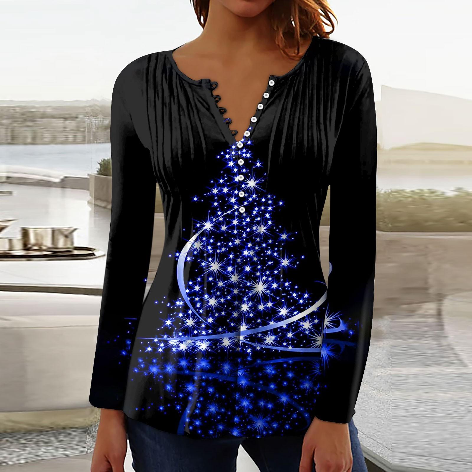 

Women s Printed Button Collar Pleated Printed Long Sleeves Holiday Basics Tunic Slim Tops Christmas Printed Ethnic Tops T-Shirts V Neck Pullover Tops XXL чёрный