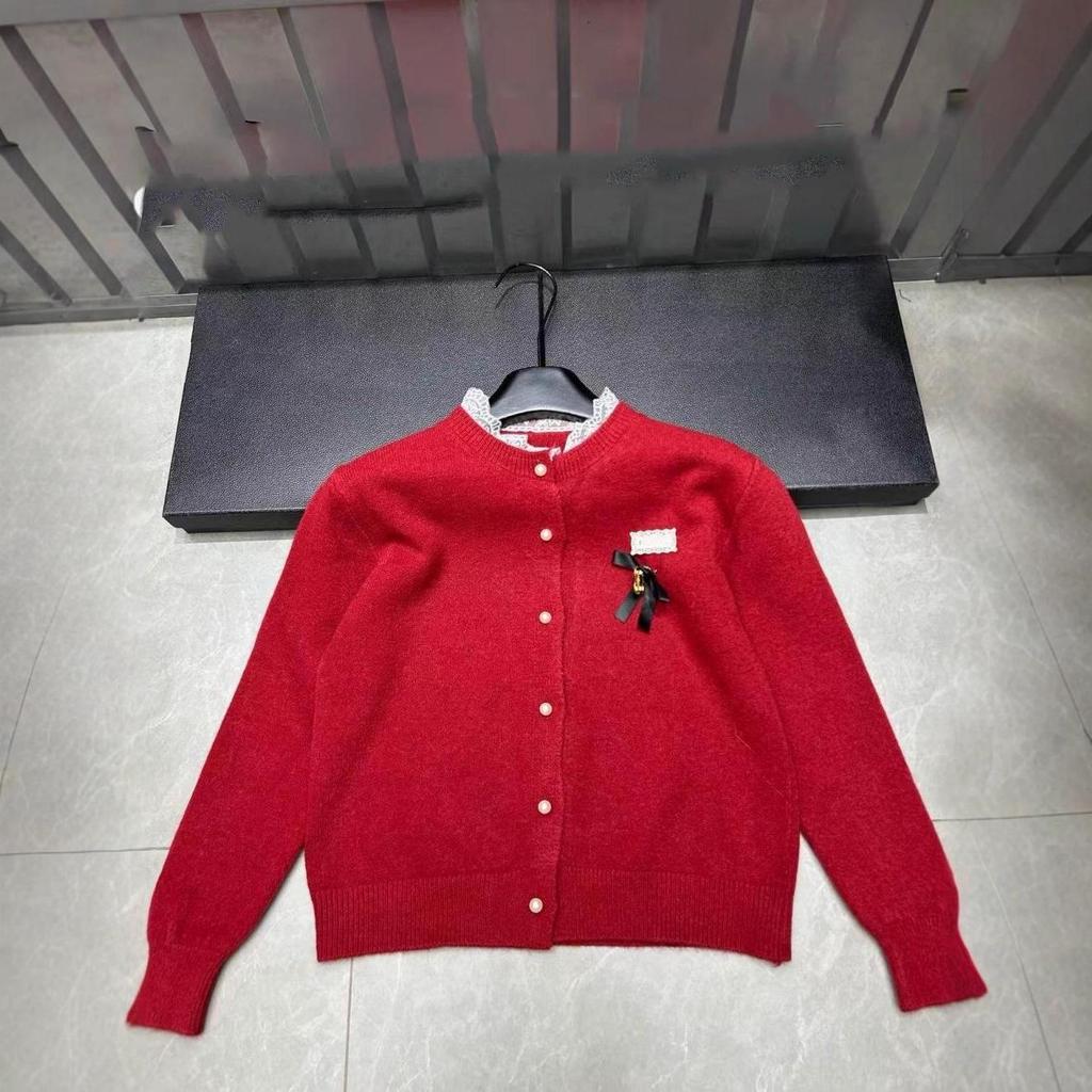 Miu Style Lace Trim Round Neck Single-Breasted Knit Cardigan - Elegant Autumn/Winter Long Sleeve Top