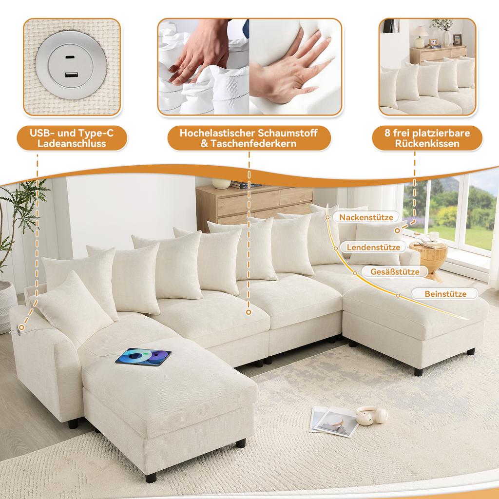 Modular U-/L-Shaped Sofa, 6-Seater, 2 Movable Footstools; USB/Type-C Charging; 8 Adjustable Cushions + 2 Decorative Cushions; Waffle Chenille, Beige