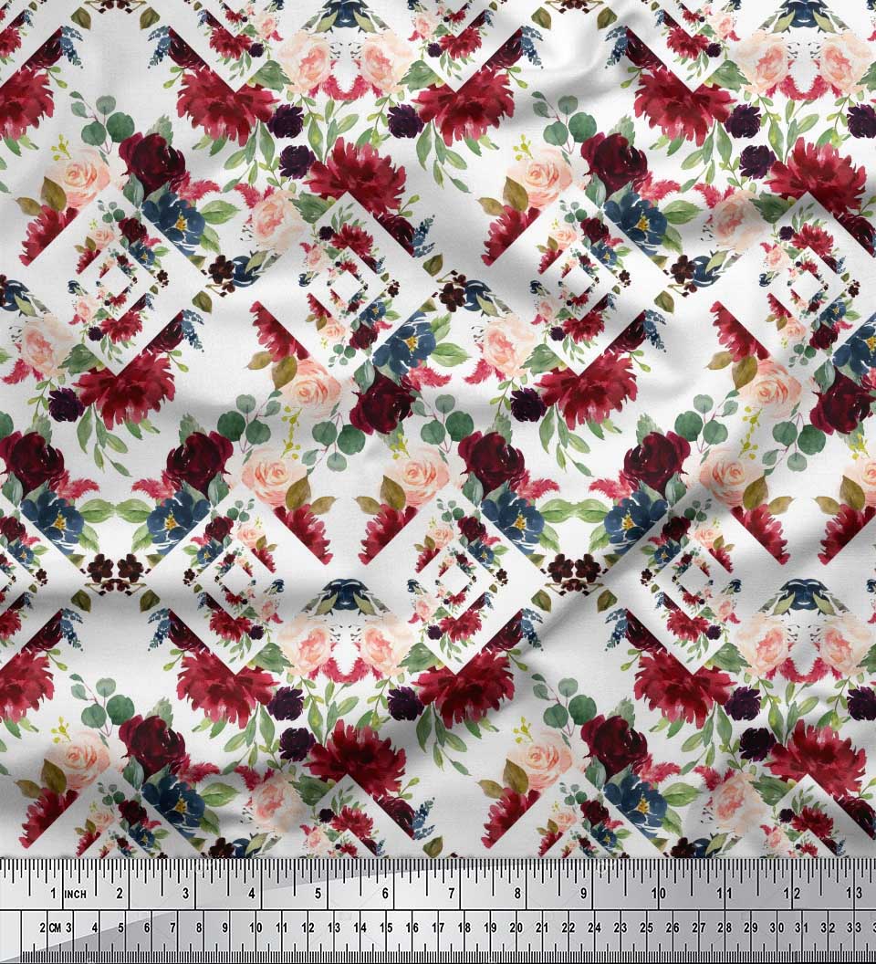 

Тканина Soimoi Grey Poly Crepe Geometric Shapes & Baccara Rose Floral Print Print Тканина на метри 42 дюйма 42 Inch Wide - Poly Crepe білий