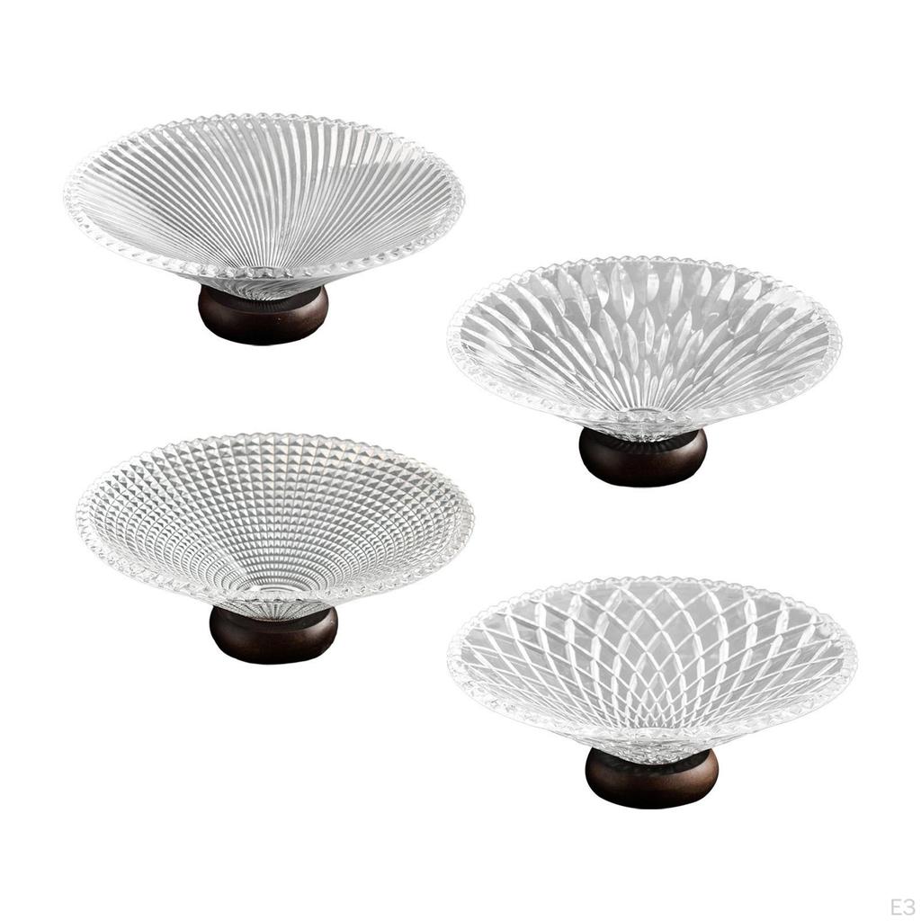 Clear Glass Fruit Bowl Decorative Pedestal Tray Nuts Cake Vegetable Holder with Wooden Stand for