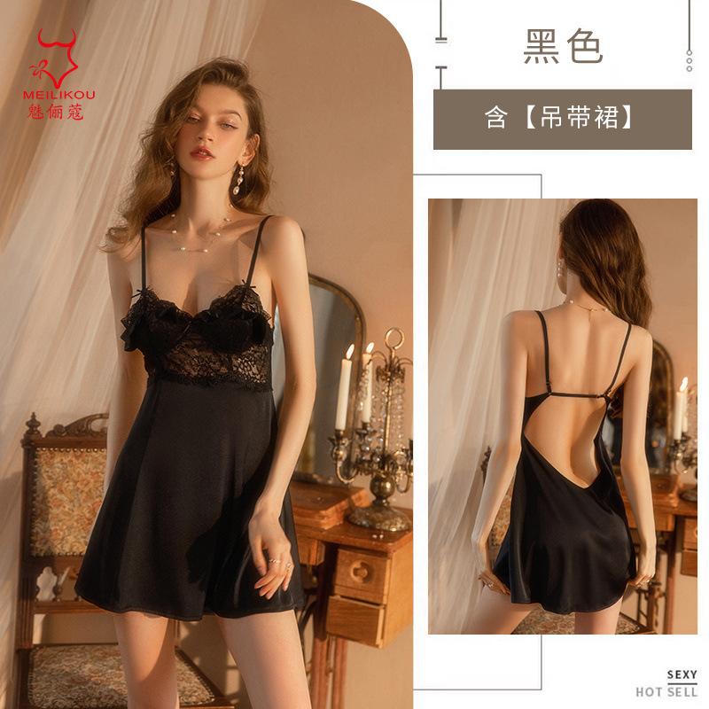 Sexy underwear French pure lace lace splicing ruffle edge suspender sexy ice silk woman M чёрный