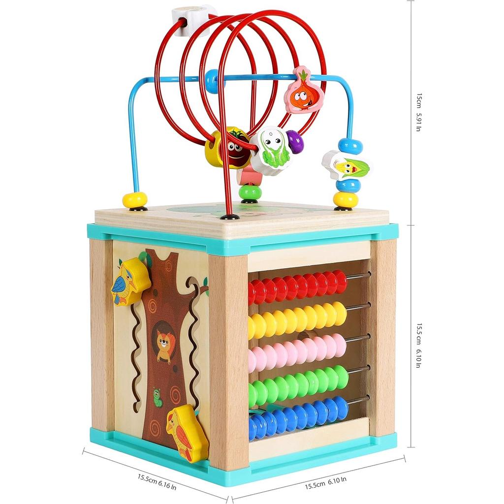 Toys of Wood Oxford Wooden Activity Cube, Motor Skills Cube, Wooden Labyrinth Toy, Loop with Beads, for Babies, Large