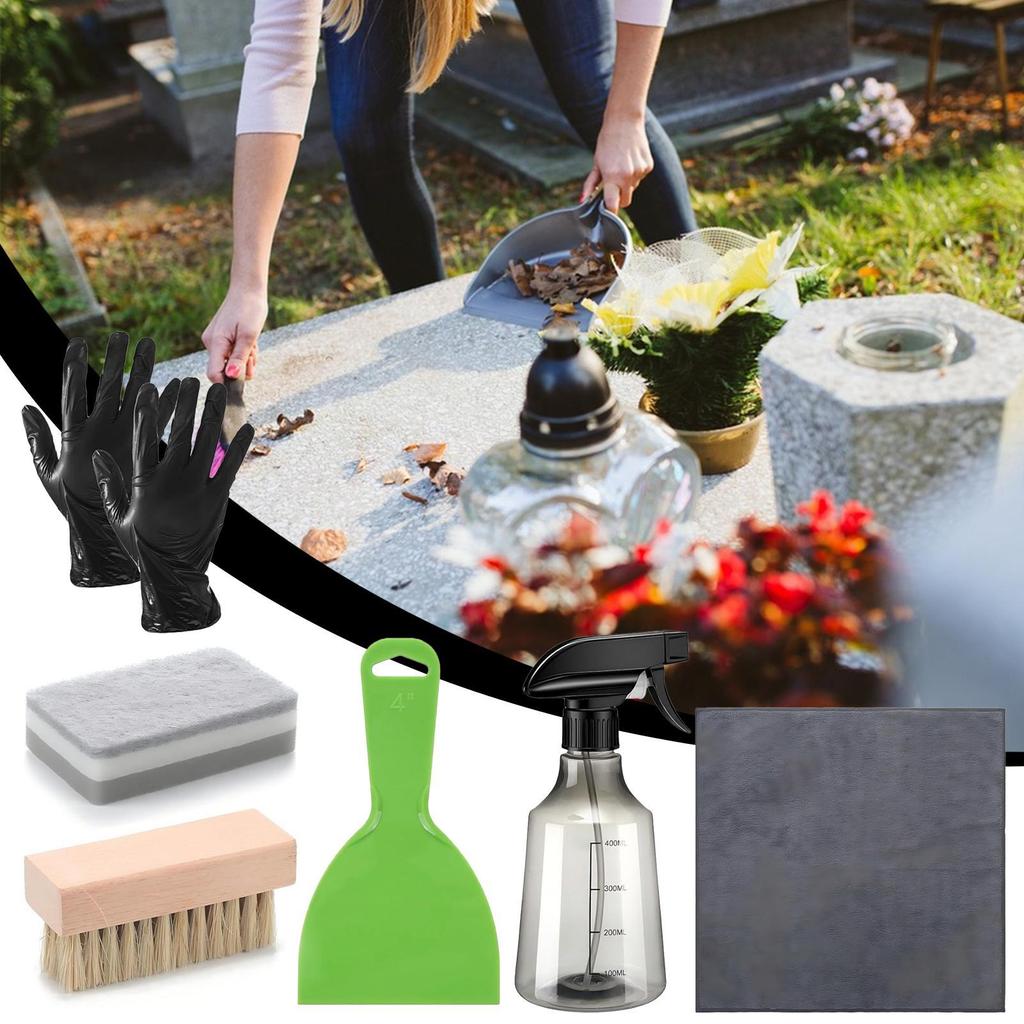 Tombstone Cleaner For Graves Cleaner Kit Spray Bottle Gloves Sponge Cloth Brush Scraper For Stone Care Monument Preservation