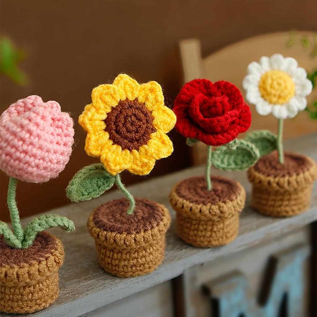 1pc Hand-Knitted Artificial Simulation Potted Plant, Crocheted Yarn Artificial Flower Decoration, Suitable for Mother's Day, Anniversaries, Birthdays