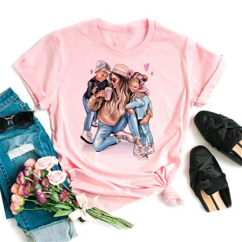 Maycaur Women T Shirt Cartoon Mom with Sons Shirt Fashion Print Casual Woman Tee Ladies Female T-shirt Short Sleeve T Top Shirt