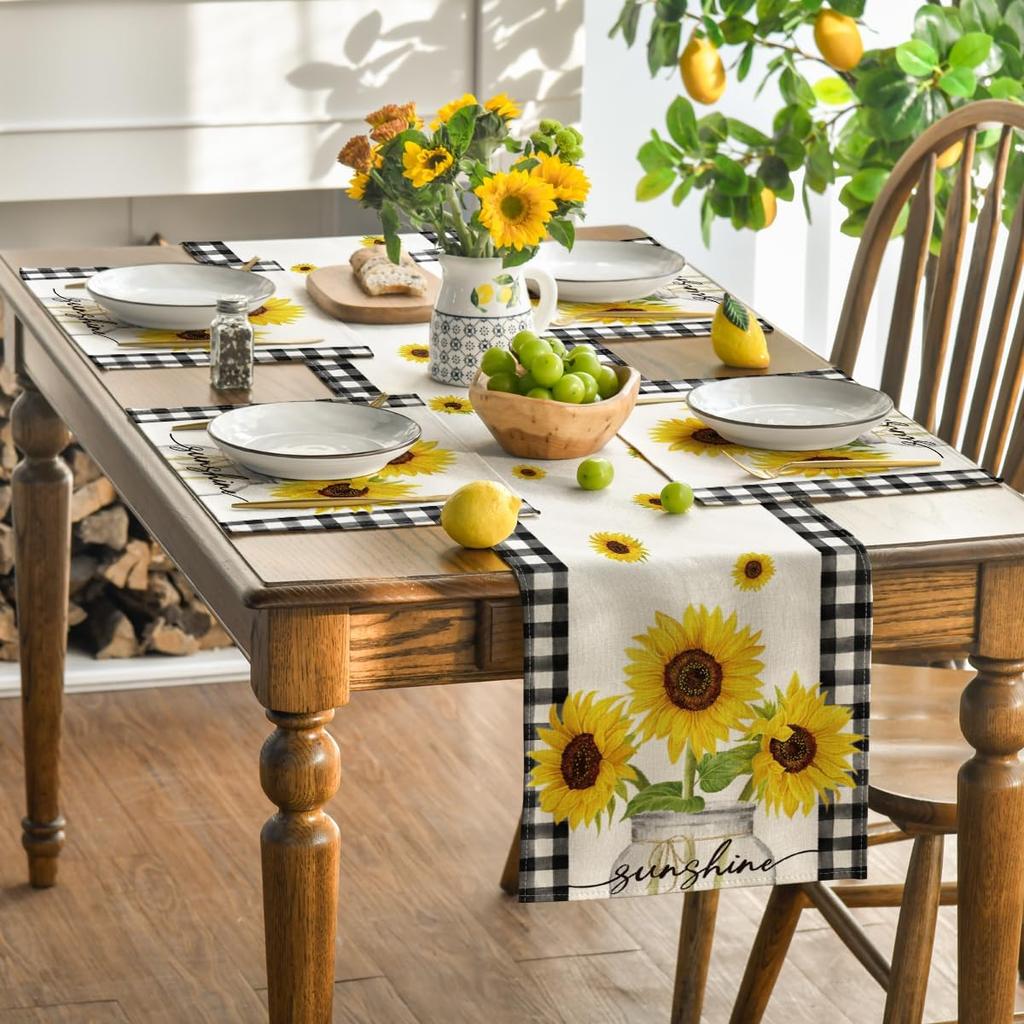 Buffalo Plaid Sunflower Sunshine Vase Summer Placemats Set of 6, 12x18 Inch Spring Table Mats for Party Kitchen Dining Decoration