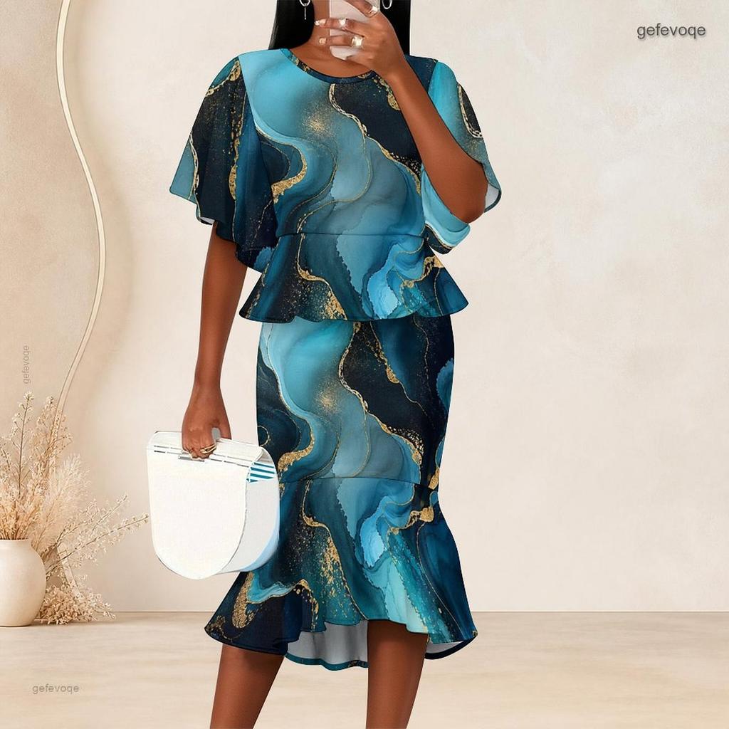 Women Plus Size Black Printed Round Neck Batwing Sleeve Ruffle Top Fishtail Skirt Two Piece Set
