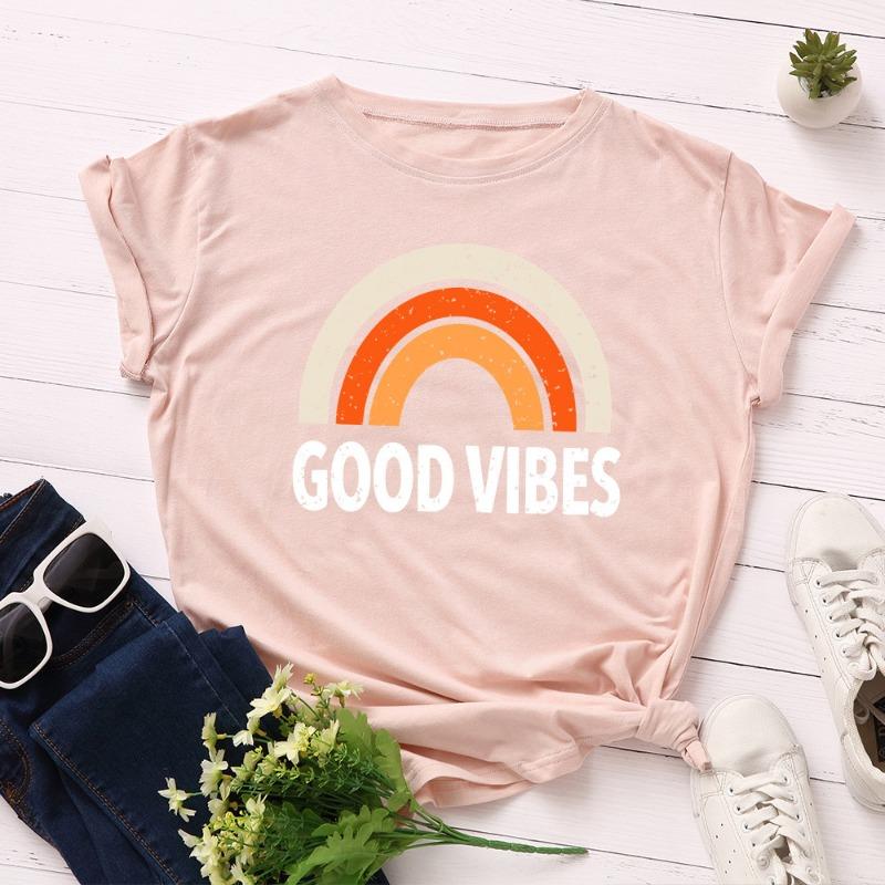 Summer Pure Cotton Women's Rainbow GOOD VIBES Printed Loose Round Neck Short Sleeved T-Shirts Women’s