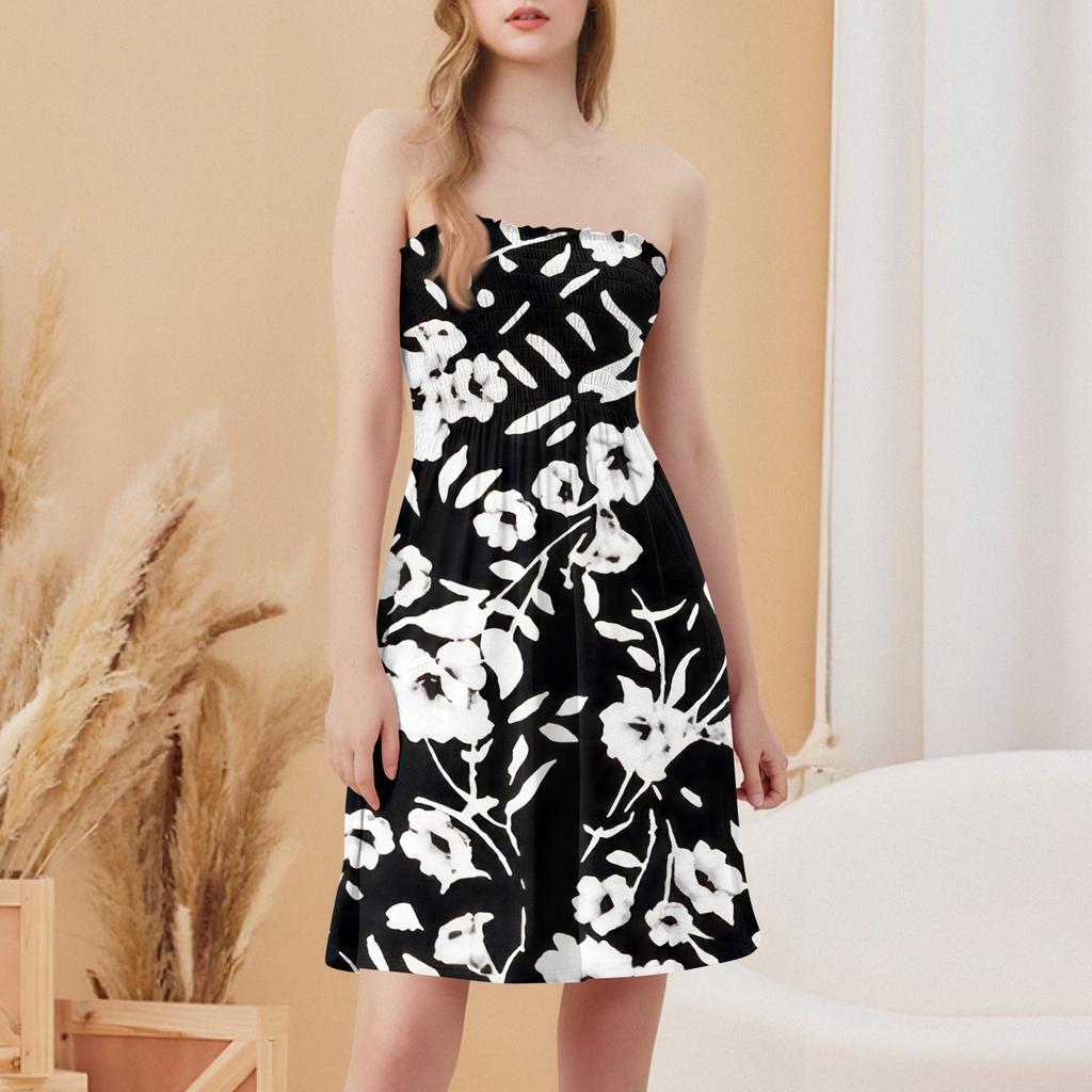 Women's Summer Dresses Fashion Women's Casual Bandeau Floral Print Sleeveless Dress