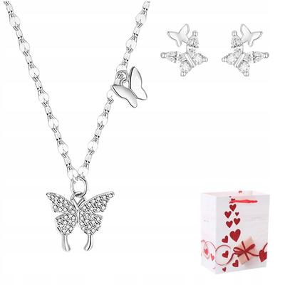 Set: Necklace, Silver Chain, Earrings, 925, Butterfly Pendant, Crystal