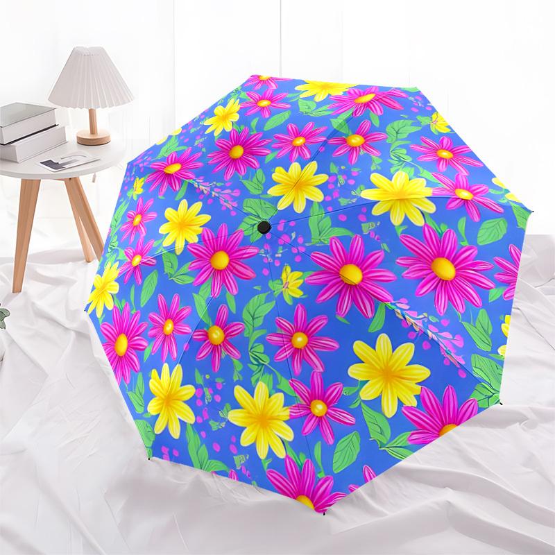 1pc Floral Pattern Automatic Umbrella - Stylish, Durable, with 8-Rib Manual Open Design, Elegant Black Handleyy250920157