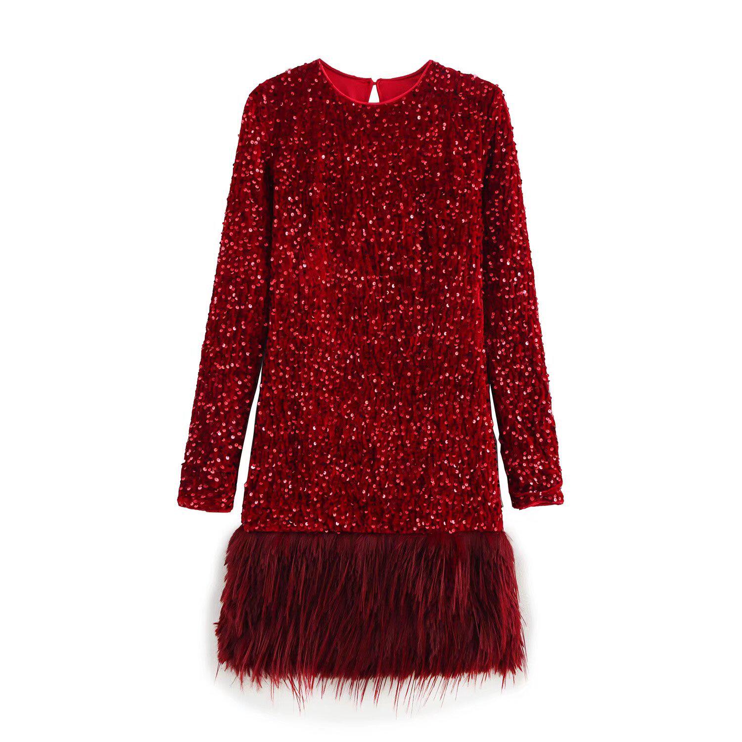 

Женское зимнее платье 2024: Европейский и американский стиль, простой круглый вырез, вставки из пушистых пайеток. Small красный