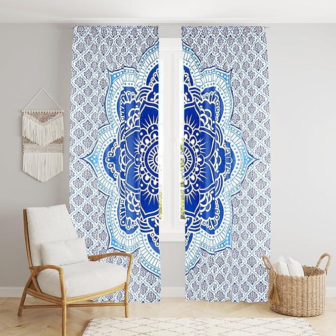 BLESS INTERNATIONAL Beautiful Indian Bohemian Psychedelic Hippie Ombre Window Curtain Panels for Bedroom, Living, Balcony (Blue Classic Omra)