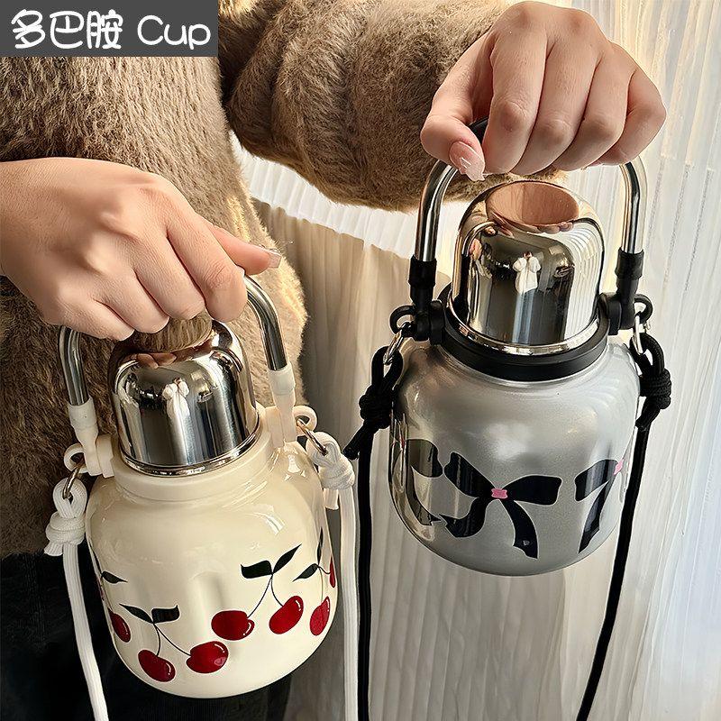 

Large Capacity Thermos Cup 2026 New Model Large Capacity Cute Portable Water Bottle for Girls Students Going to School [Bow Tie + White Cherry] Dumbbell Cup 800ml