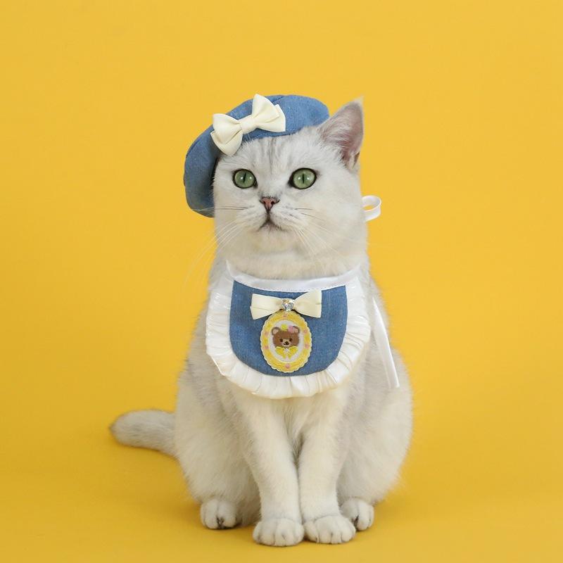 Cat Beret Suit Adjustable Flower Cat Dog Pearl Bow Bib Woven Pet Saliva Towel Wedding Party Bowknot Embroidery Princess Suit