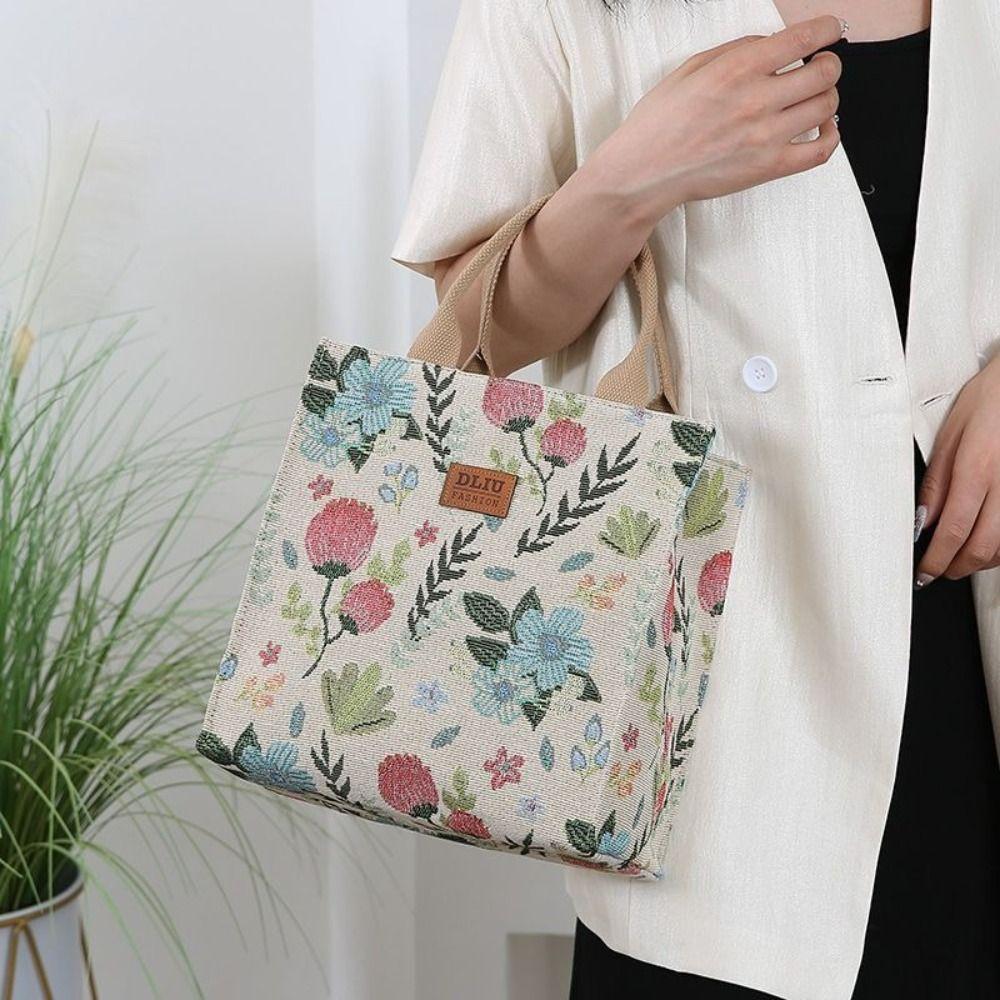 Aesthetic Floral Print Lunch Bag Insulated Large Capacity Lunch Bag Thermal Cooler Handbag For School Work Travel Picnic