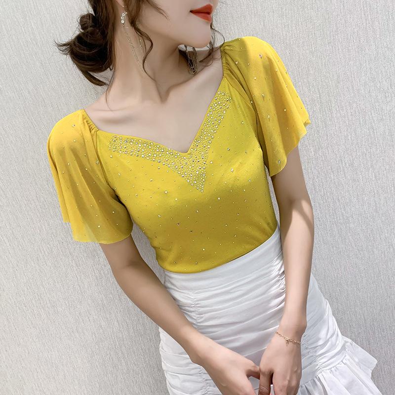 

Summer Fashion Korean Fan V-neck Diamond Blouse Western Style Ruffled Pleated Slim Solid Color T-shirt S