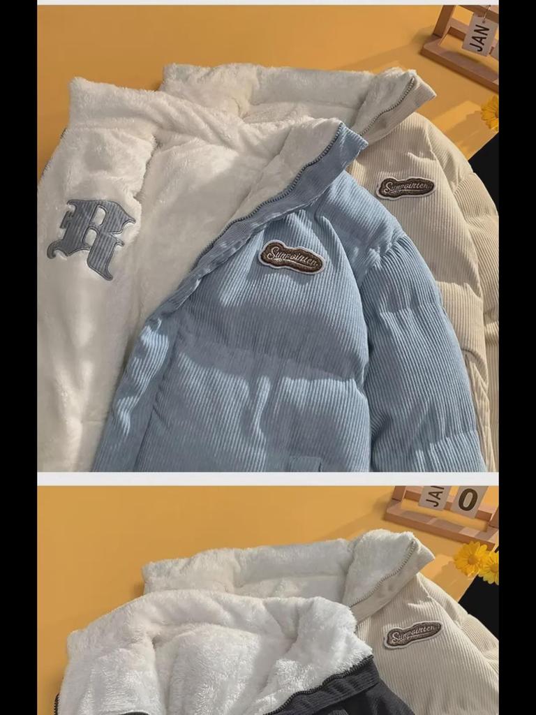 Men's Haze Blue Thick Corduroy Cotton Jacket - Hong Kong Style Winter 2023 Edition