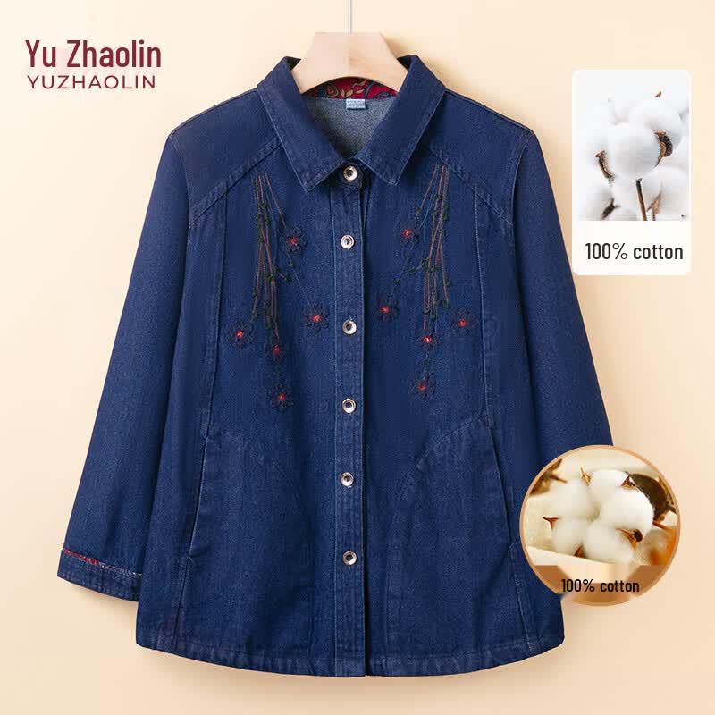 Yuzhaolin Women s Embroidered Denim Long-Sleeve Shirt 3XL