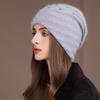 Women S Double Layer Knit Hat Warm Winter Beanie Pearl Glitter Rabbit Hair Blend