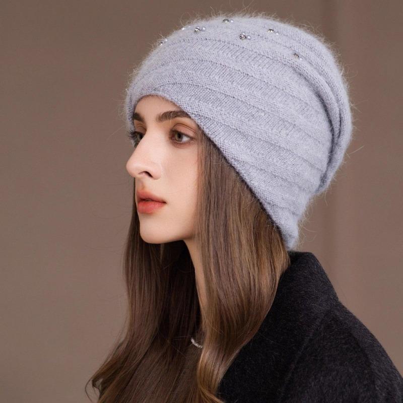Women S Double Layer Knit Hat Warm Winter Beanie Pearl Glitter Rabbit Hair Blend