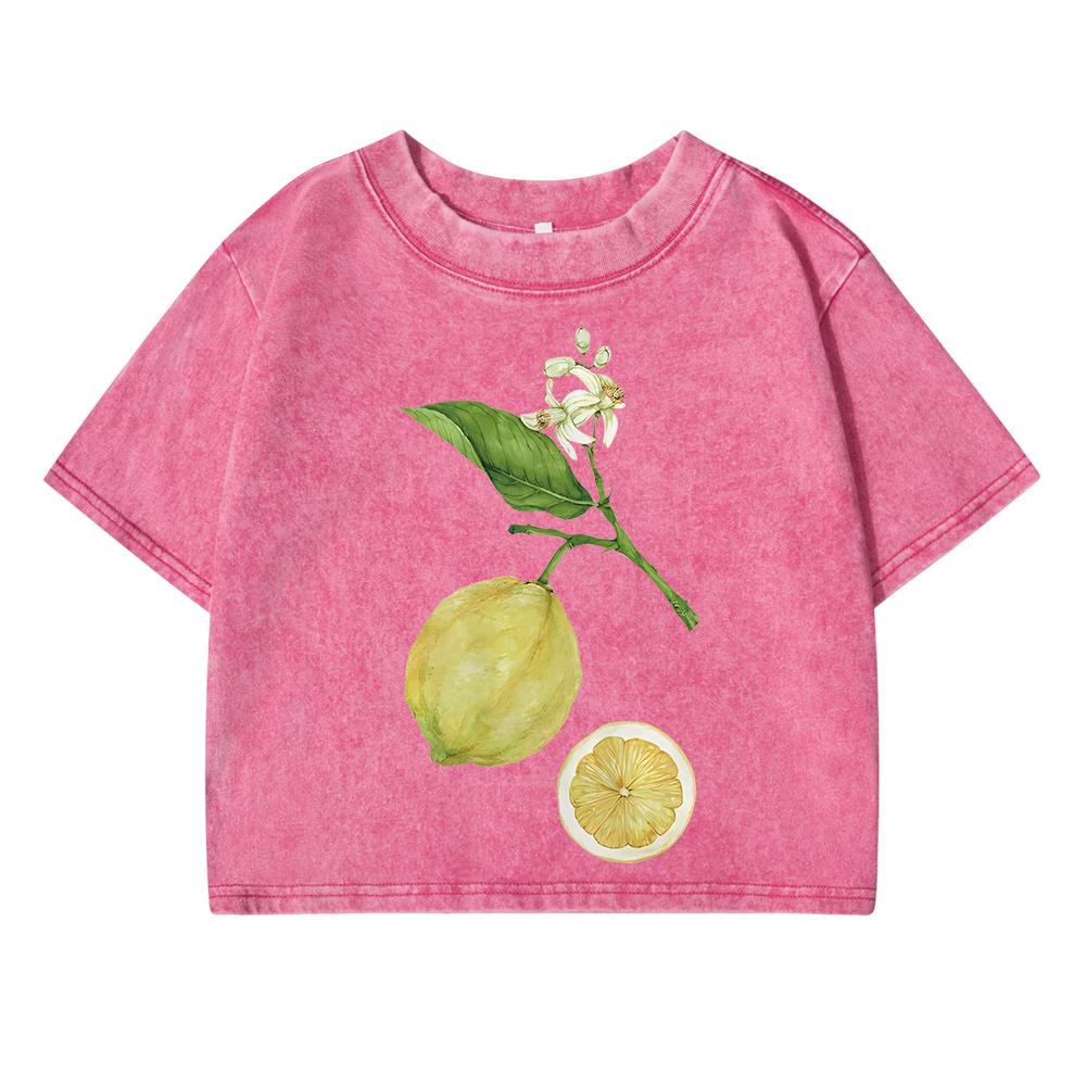 Lemon Branches Simple Printing Female Washed Short T-Shirt Summer Cool T Shirts Distress Clothes Breathable Soft Tops