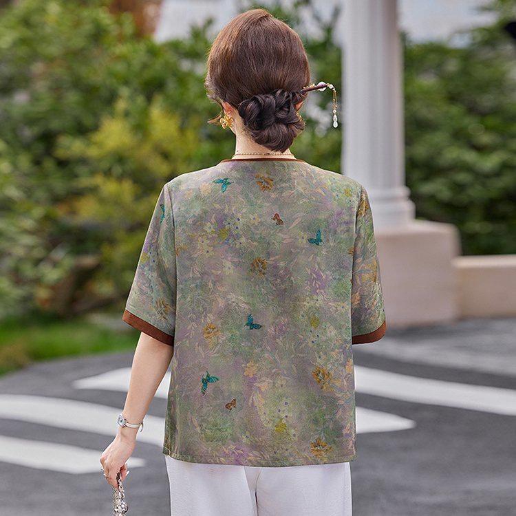 Dignified & Elegant Spring/Summer T-shirt for Middle-Aged & Elderly Women - Short-Sleeved Chinese Style