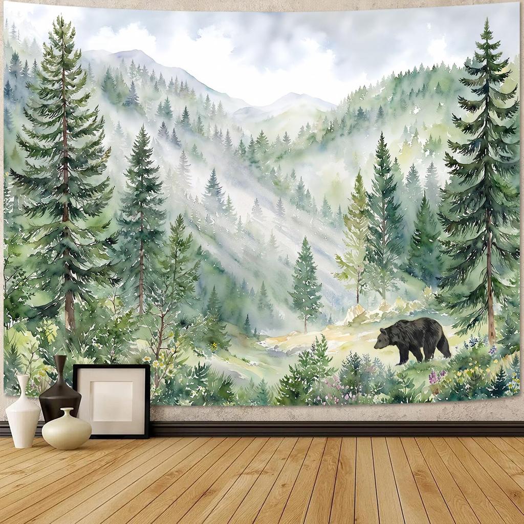 Mountain Forest Tapestry, Bear And Misty Foggy Watercolor Scenery Art Wall Hanging, Nature Scenery Tapestry For Bedroom Living