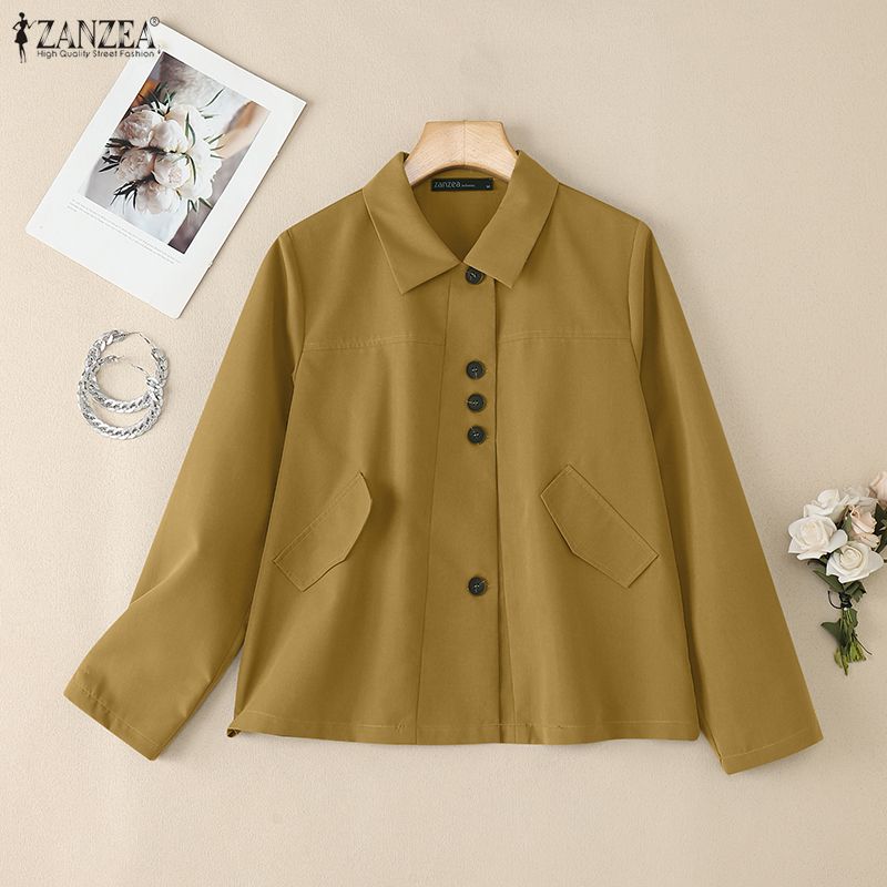 ZANZEA Damen Bluse mit lässigem Umlegekragen, einfarbig, lockere Langarmbluse