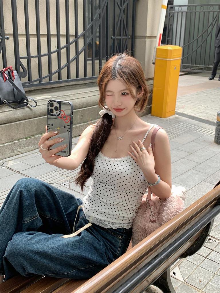 Summer Korean Style Polka Dot Lace Splice Cotton Camisole Top