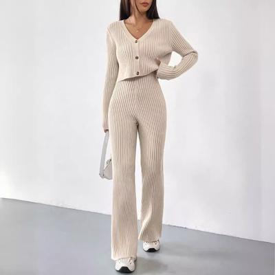 Women's Fall Casual Straight Leg Pants V-Neck Knit Suit