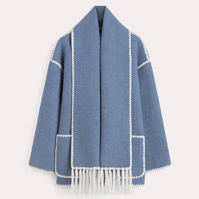 2023 Autumn/Winter Women's European and American Fashion Thick Woolen Coat with Tassel Scarf
