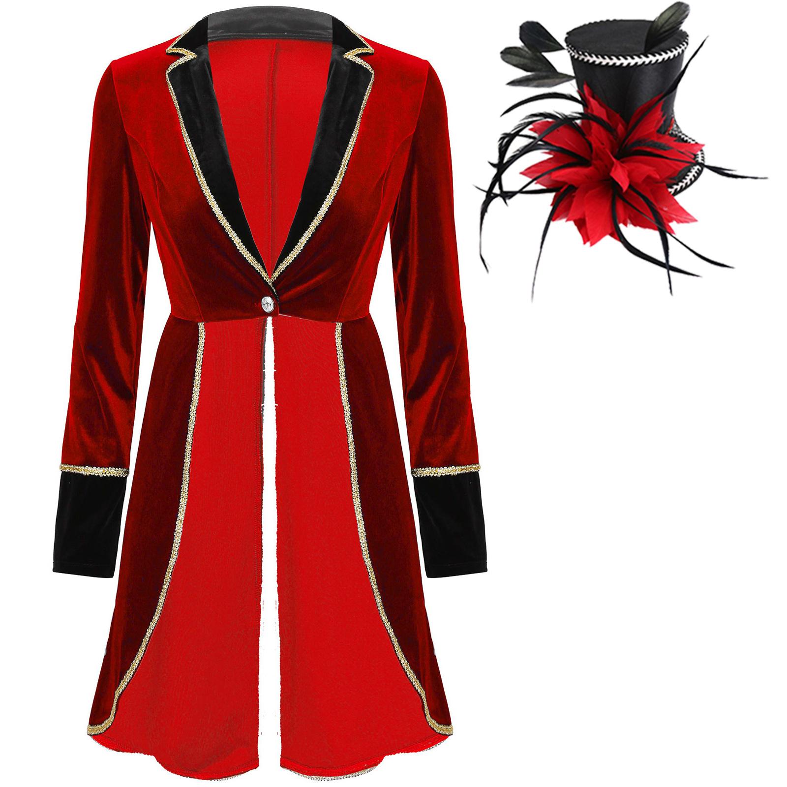 

Womens Carnival Cosplay Velvet Tailcoat Outfit with Feather Top Hat S