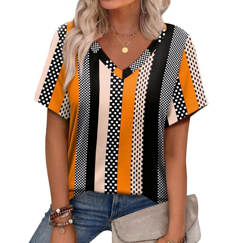 New Casual High-quality Retro Style 3D Women's Short Sleeved V-neck T-shirt