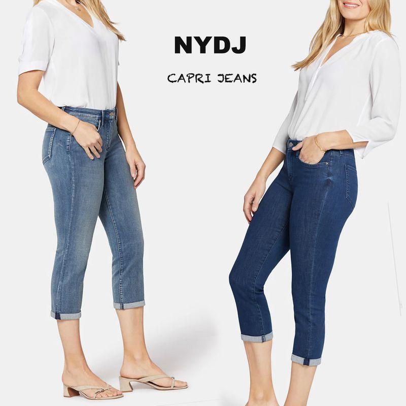 

20% off for 2 Pieces NY Home Slim Fit High-Elastic High Waist Accessible Luxury 2023 Style Flanging Blue Summer Thin Cropped Denim NYDJ flanging 7 points-dark blue 0