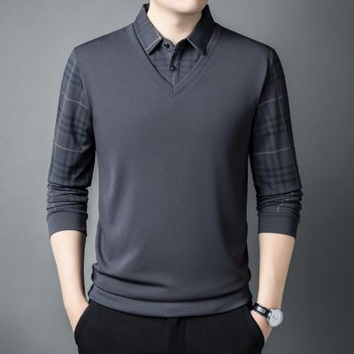 Herrenbekleidung Frühling Herbst Fake Two Pieces Umlegekragen Knopf Langarm Pullover Kontrastfarbe Polo T-Shirt Oberteile