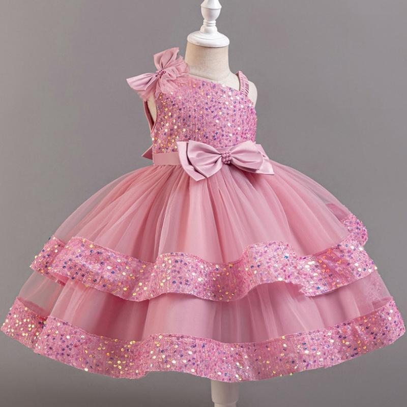 Girls Beaded Bow Tie Sequin Mesh Children's Sleeveless Evening Dress School Graduation Party Multi Layered Dress
