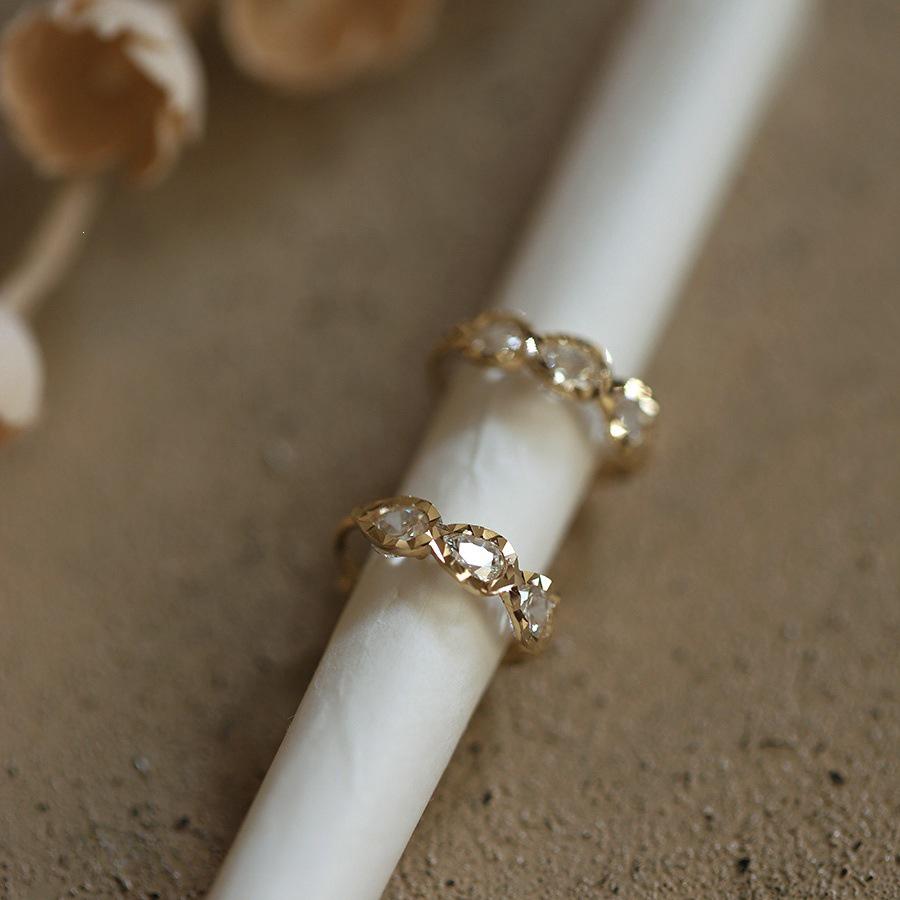 14K Gold-Plated S925 Sterling Silver Hoop Earrings with Three Faceted Water Drop Diamond Studs 14K Gold Pair
