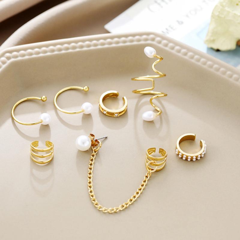 Women Fashion Earrings Set Creative Simple Pearl Tassel Ear Cuffs Earrings Jewelry Gifts For Girls
