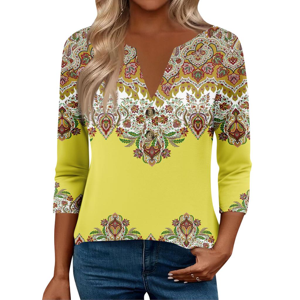 3/4 Sleeve Womens Tops For Women Henely Tops Button V Neck  Loose Fit Dressy Womens Summer Tops