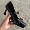 2025 New Black 7cm High Heels Sandals Metal Buckle Rivets Ballet Shoes Spicy Girl Square Toe Shoes PU Autumn Women's Shoes 35-39